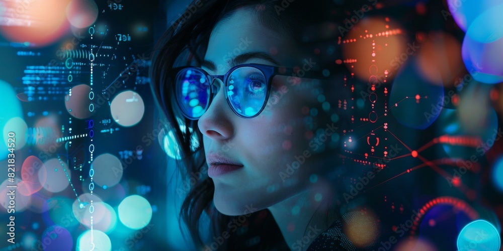 A young woman wearing glasses is surrounded by glowing data and graphs, symbolizing the power of technology in her professional life. A young woman wearing glasses is surrounded by glowing data and graphs, symbolizing the power of technology in her professional life.