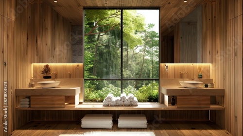 The interior of a hotel bathroom with a sink  vanity  and a panoramic window is made of wood