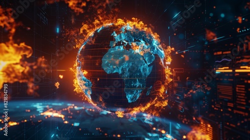 Fire engulfing the earth, rendering of global warming, temperature increase, extreme heat, and climate change catastrophe.