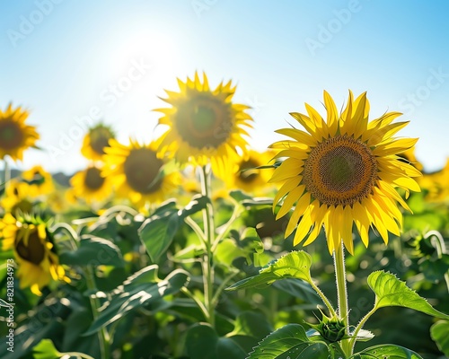 A field of sunflowers  with their bright yellow petals and dark brown centers  sway gently in the breeze. The sun shines brightly overhead  casting a warm glow over the field.