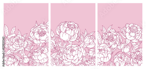 Flower cards with peonies. Japanese spring blossom, natural background. Floral postcards set. Beautiful gorgeous botanical buds, Japan blooms, engraved drawing. Hand-drawn graphic vector illustration