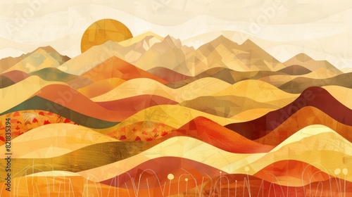 A vibrant painting of a mountain range with the sun shining through the orangetinted mountains, showcasing creative use of tints and shades and triangular shapes AIG50 photo