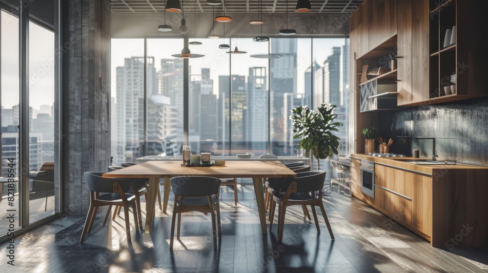 A modern kitchen with dining area on a cityscape background, displaying wooden furniture and minimalist design, concept of an urban home. A modern kitchen with dining area on a cityscape background, displaying wooden furniture and minimalist design, concept of an urban home.