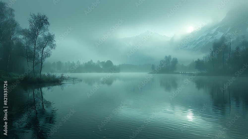 Lose yourself in the ethereal mist that shrouds a tranquil lake at dawn, creating an otherworldly tableau of reflection and mystery.