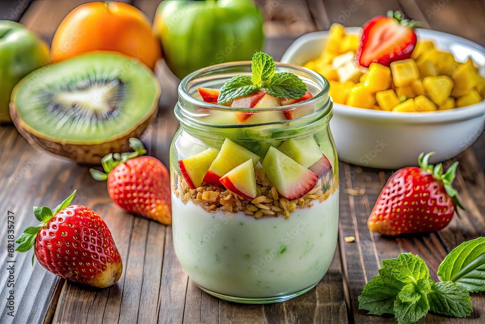 Refreshing fruit salad in a glass bowl Refreshing fruit salad in a glass bowl