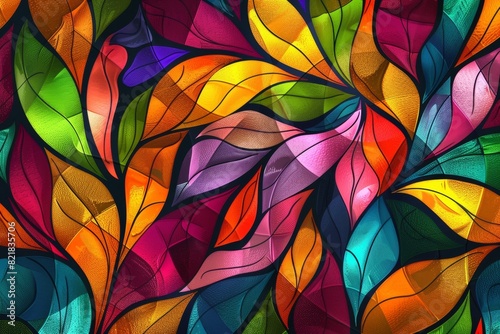 A vibrant abstract background featuring an array of colorful leaves  each leaf rendered in different shades and shapes to create intricate patterns reminiscent of stained glass windows.