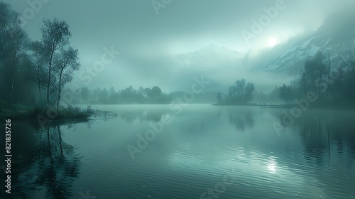 Lose yourself in the ethereal mist that shrouds a tranquil lake at dawn  creating an otherworldly tableau of reflection and mystery.