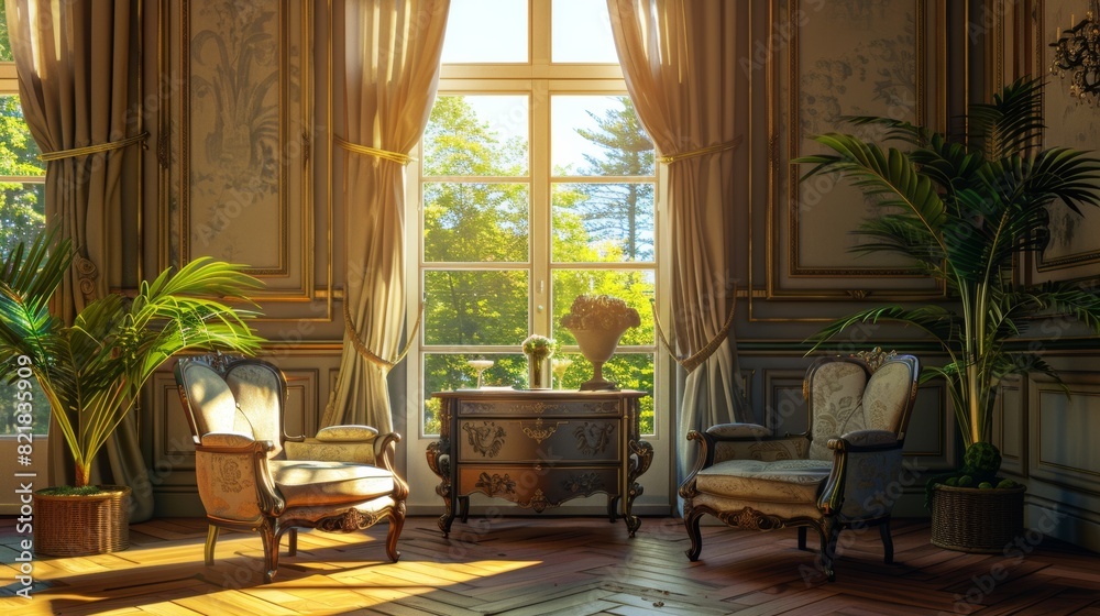 Interior of an elegant living room with armchairs and a drawer with decor, a window Interior of an elegant living room with armchairs and a drawer with decor, a window