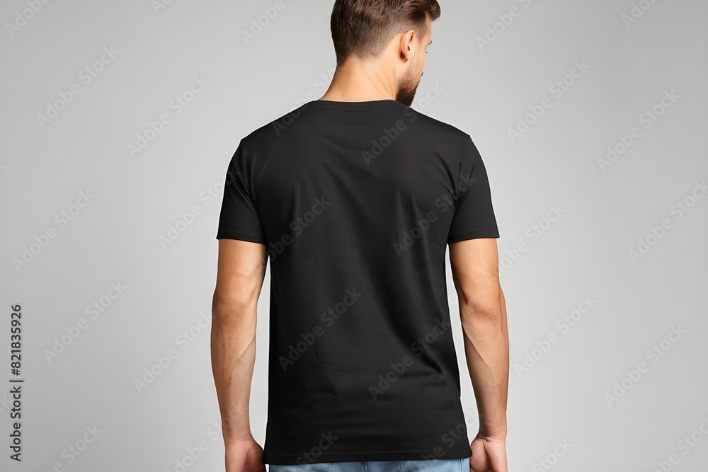 Blank Black T Shirt for Mockup on Men Model. Black T-Shirt Mockup on Male Model. View from the Back. Blank Black T Shirt for Mockup on Men Model. Black T-Shirt Mockup on Male Model. View from the Back.