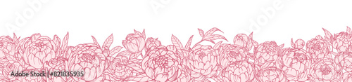 Flower border, peony blooms. Floral garden banner with gorgeous buds. Botanical decorative edge, delicate detailed drawing. Hand-drawn Japanese flora. Horizontal vector illustration isolated on white