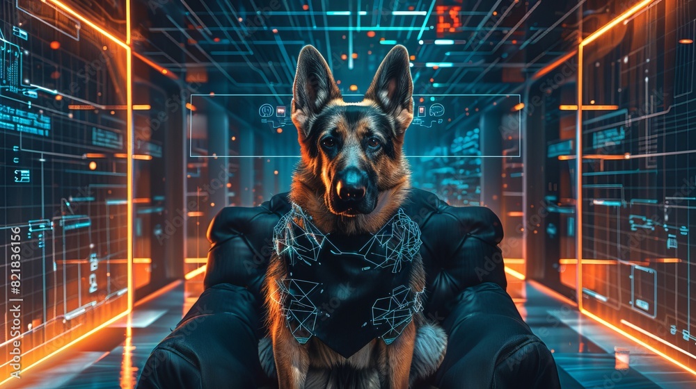 In this charismatic German Shepherd dog image, the boss looks strong, confident, and masculine, dressed as a gangster.