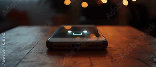 View of a mobile phone running AI software left on the tabletop, White glowing robot emoji face on the display with dark, black background. The device is there to pick up, suggests it is ready to use.