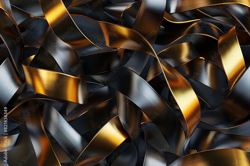 abstract background of looping, metallic ribbons in black and gold seamless 3d