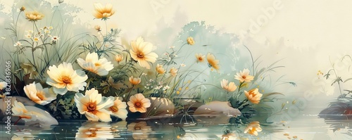 A reflection of summer wildflowers in a stream  vintage  soft colors  watercolor  symbolizing natural beauty