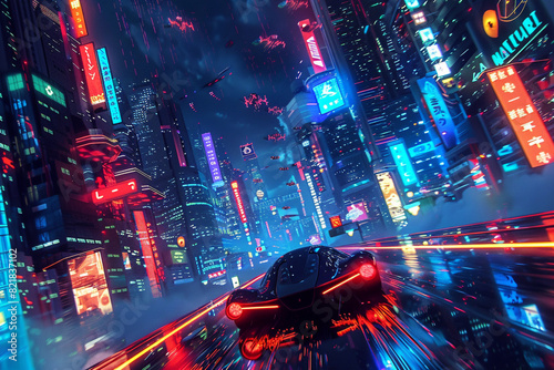 Spectacular nighttime in cyberpunk city of the futuristic fantasy world features skyscrapers, flying cars, and neon lights Digital art 3D illustration Acrylic painting 