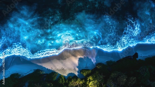 An electric blue wave crashing on a beach at night, creating a captivating natural landscape in the darkness with the mountain range in the background AIG50 © Summit Art Creations