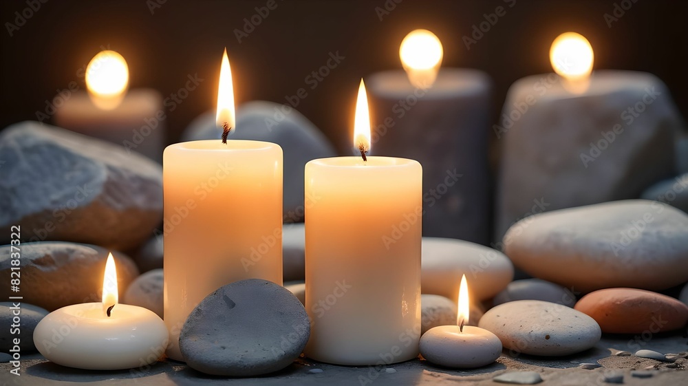 Candle and stones on a blurred background Candle and stones on a blurred background
