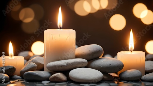 Candle and stones on a blurred background