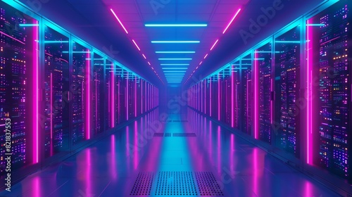 In the dark and lighted by neon blue and pink lights, there are multiple rows of fully functional server racks in a data center. Today's technologies include telecommunications, artificial photo