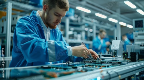 A man wearing a blue and white work coat assembles a printed circuit board for a smartphone in an electronics factory. High tech factory workers.