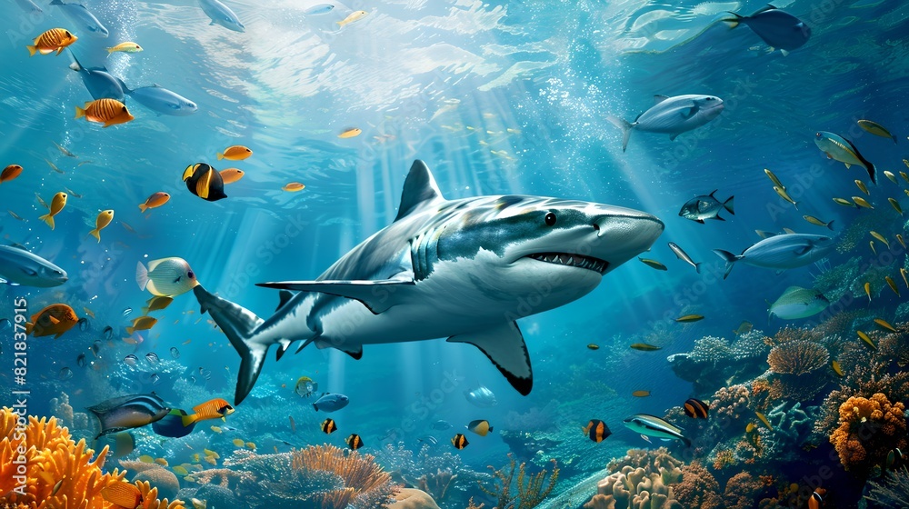 Fototapeta premium Majestic Great White Shark Gliding Through Vibrant Underwater Realm, Surrounded by Diverse Marine Life. Serene Oceanic Landscape Captured in Vivid Detail. Ideal for Educational and Creative Use. AI