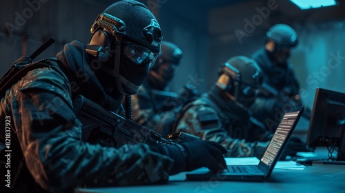 In a dark seized office building with desks and computers, a masked SWAT team with rifles plans a tactical attack on one of the computers.