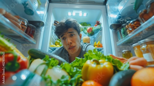 This is the view inside of the fridge of a young dissatisfied man who has found nothing to snack on for his snack time. This is the point of view shot from the refrigerator full of healthy food that photo