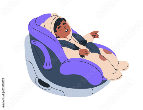 Baby asleep in car seat, safety backseat in auto. African-American toddler secured with belt, sleeping in chair. Black child in transport carrier. Flat vector illustration isolated on white background