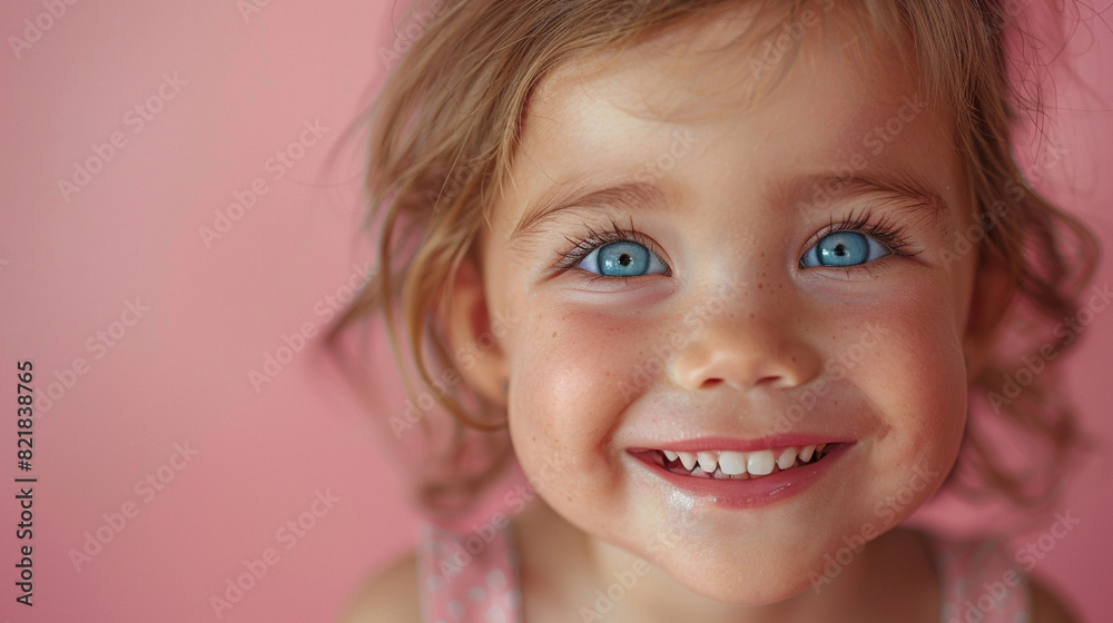 A close-up of a smiling toddler's face, with sparkling eyes and a toothy grin, against a soft pink background. Ample copy space around the face. A close-up of a smiling toddler's face, with sparkling eyes and a toothy grin, against a soft pink background. Ample copy space around the face.