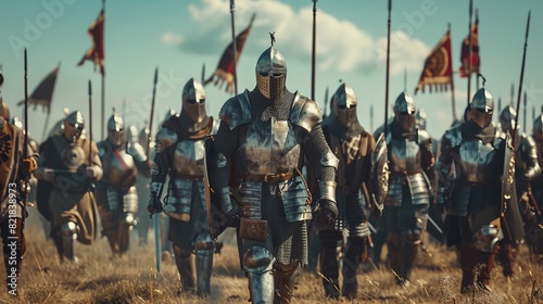 Historical reenactment of an ancient army of medieval knights marching on a battlefield. Iron plate bodied armored warriors walking. War, battle, and conquest. Epic cinematic shot. photo