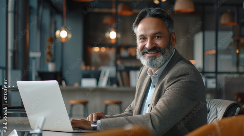 An attractive middle-aged bearded businessman sits at his desk, working on a laptop, smiling. An appealing modern office. An attractive middle-aged bearded businessman sits at his desk, working on a laptop, smiling. An appealing modern office.