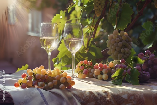 A gentle still life with two glasses of white wine and grapes on a table with a light tablecloth. A well-lit table from the window.