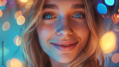 Beautiful Caucasian Woman with Blue Eyes, Blonde Hair, Perfect Smile. She is looking up at the camera happily in this close-up. Abstract Bokeh background.