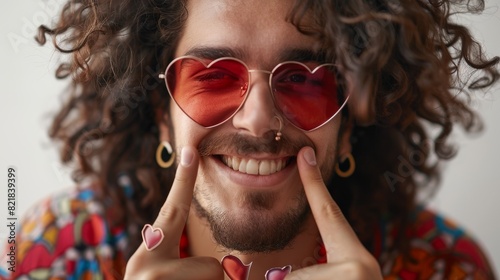 Young Caucasian male smiling with long curls wearing heart-shaped sunglasses, earrings, nose ring and wearing heart-shaped sunglasses. photo