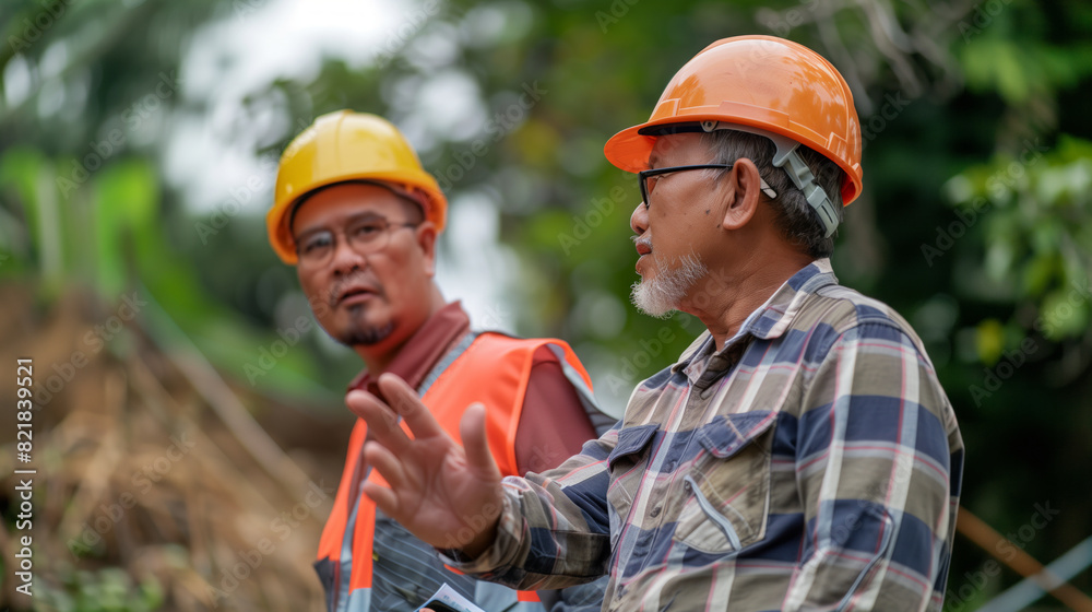 Two men wearing orange vests and hard hats. One of them is pointing at something. During a construction project, an experienced construction manager speaks with a construction engineer Two men wearing orange vests and hard hats. One of them is pointing at something. During a construction project, an experienced construction manager speaks with a construction engineer