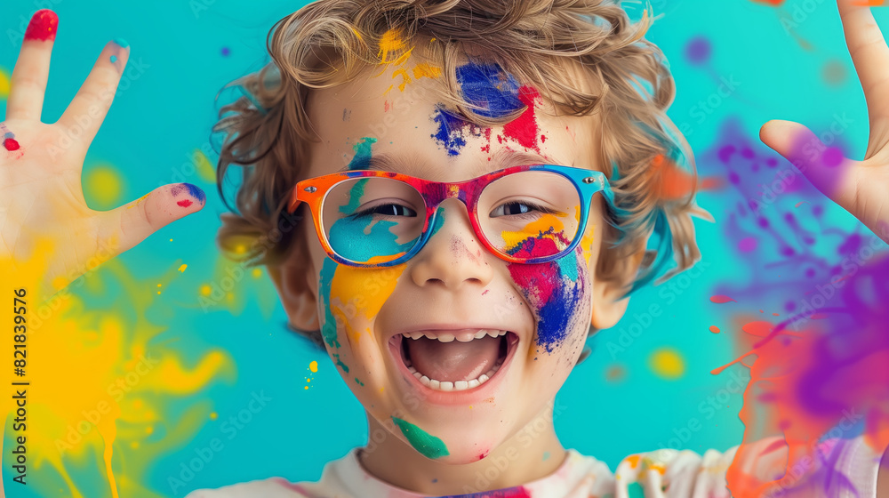 A young boy with colorful paint on his face and glasses is smiling and waving. Concept of joy and playfulness, as the boy appears to be having a great time A young boy with colorful paint on his face and glasses is smiling and waving. Concept of joy and playfulness, as the boy appears to be having a great time