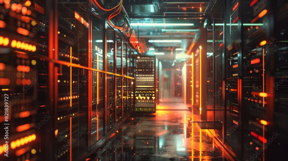 An augmented VFX visualization on a cloud computing facility in a futuristic data center with turned-on 3D renders of information. An internal system is working properly in a cyber security company. An augmented VFX visualization on a cloud computing facility in a futuristic data center with turned-on 3D renders of information. An internal system is working properly in a cyber security company.
