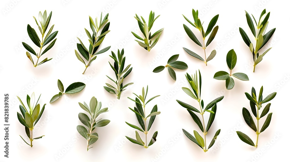 Fresh Olive Branches Arranged Neatly on a White Background. Perfect for Design and Culinary Themes. Nature Inspired Art. AI Fresh Olive Branches Arranged Neatly on a White Background. Perfect for Design and Culinary Themes. Nature Inspired Art. AI