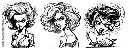 upset angry woman sketch portrait of a pin-up styled girl