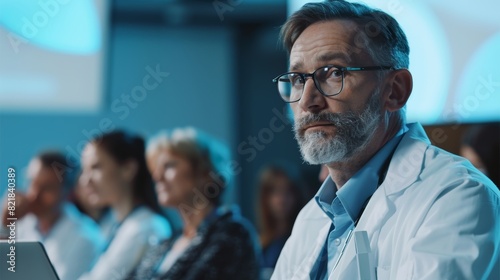 At a medical summit, a Caucasian pharmaceutical CEO uses a laptop computer to listen to presentations about biopharmaceutical and medical developments.