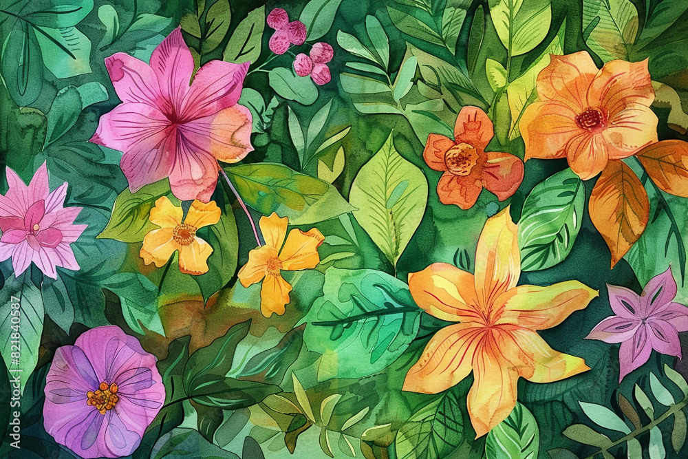 Spring Bloom, Spring's renewal, vibrant greens & florals, cartoon drawing, water color style 