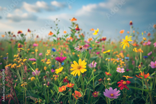 Spring meadow full of colorful wild blooms  perfect for a living room or sunroom  capturing the essence of renewal and the vibrant life of spring 