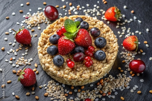 A colorful fruit tart topped with a variety of fresh berries and kiwi.