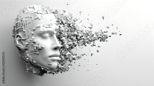Abstract Digital Art of a Human Face Disintegrating into Pixels. Monochrome, Futuristic Concept. Ideal for Modern Design Projects. AI © Irina Ukrainets
