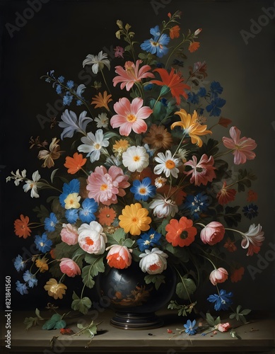 painting of a vase of flowers on a table with a painting in the background