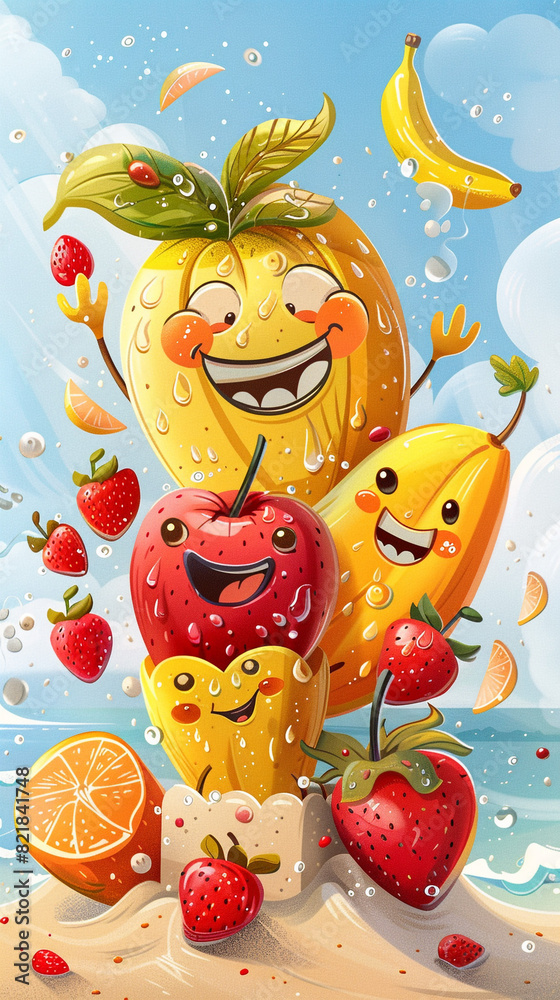 A joyful vector illustration of a happy fruit family (apple, banana, orange, strawberry) enjoying a day at the beach, building sandcastles and playing in the waves, on white. A joyful vector illustration of a happy fruit family (apple, banana, orange, strawberry) enjoying a day at the beach, building sandcastles and playing in the waves, on white.
