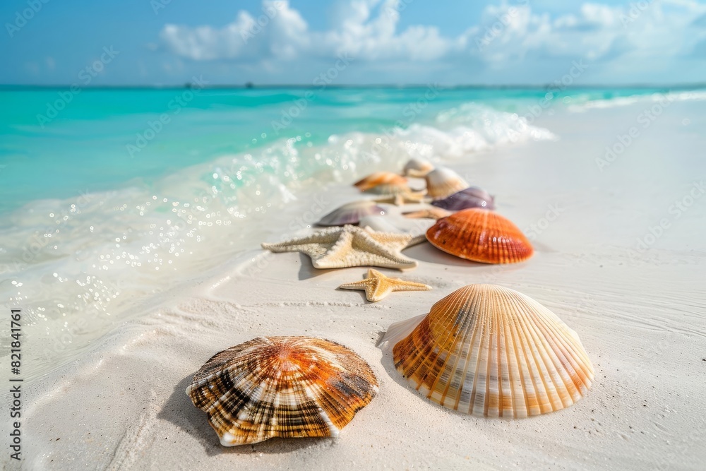 Seashells and starfish scattered on a pristine tropical beach with turquoise water and a blue sky. Ideal for summer and nature themes. Seashells and starfish scattered on a pristine tropical beach with turquoise water and a blue sky. Ideal for summer and nature themes.