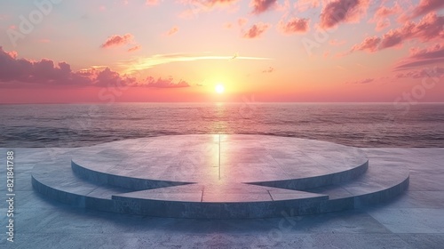A minimalist podium stage with a secluded beach at dusk. Perfect for travel and luxury product launches.