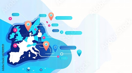 A map of the European Union with a person standing on it. The person is surrounded by icons representing different European countries.