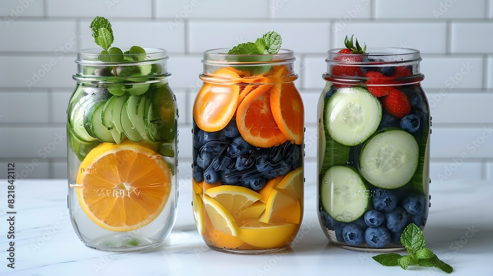 Healthy Infused Water in Mason Jars with Fruit, Berries, and Herbs. Fresh and Colorful Hydration. Ideal for Wellness and Diet. Close-up on Kitchen Tiles. AI Healthy Infused Water in Mason Jars with Fruit, Berries, and Herbs. Fresh and Colorful Hydration. Ideal for Wellness and Diet. Close-up on Kitchen Tiles. AI